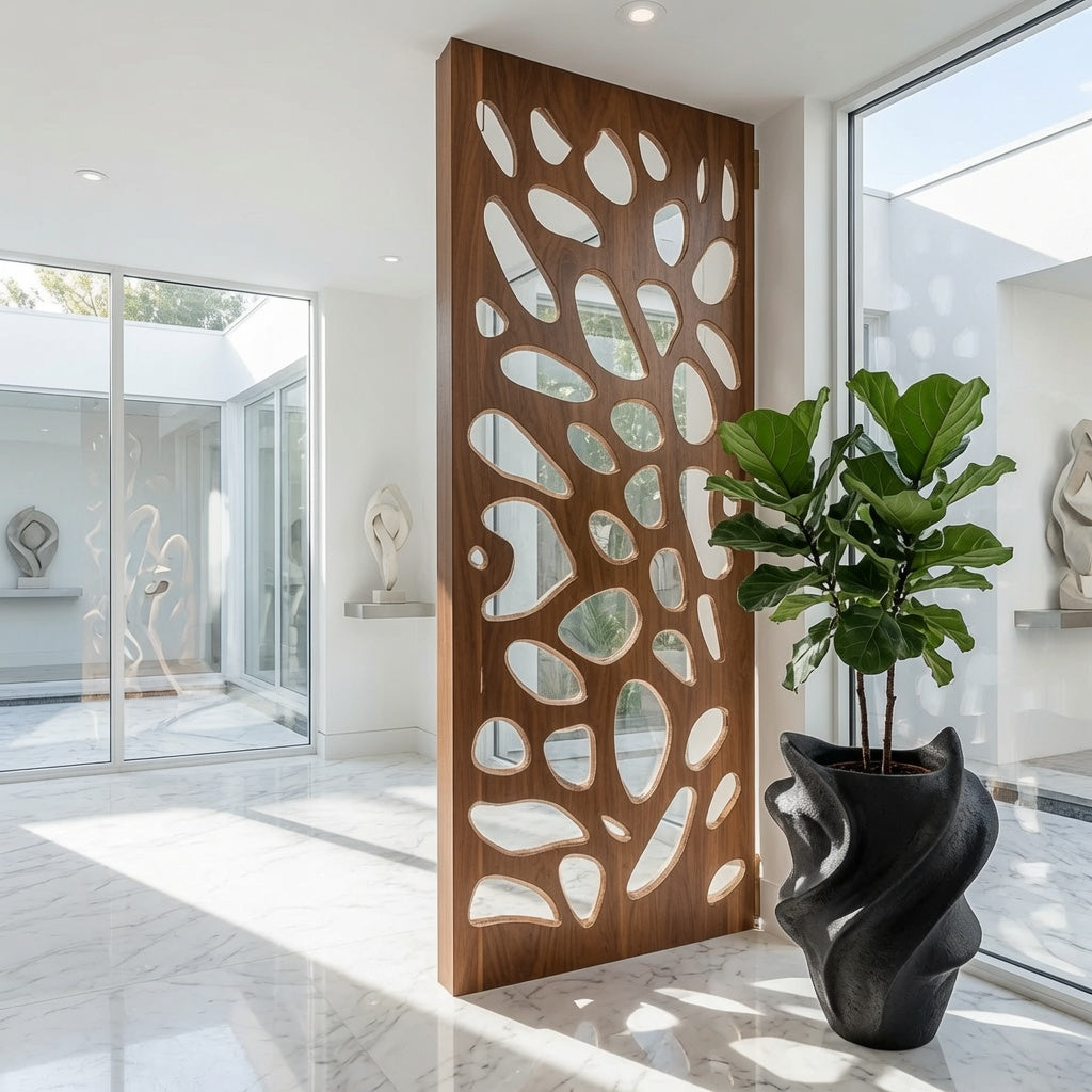 Contemporary wooden room divider enhancing a minimalist interior