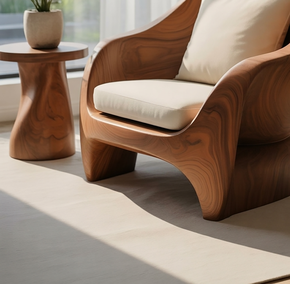 Sculptural wooden lounge seating for modern living room decor