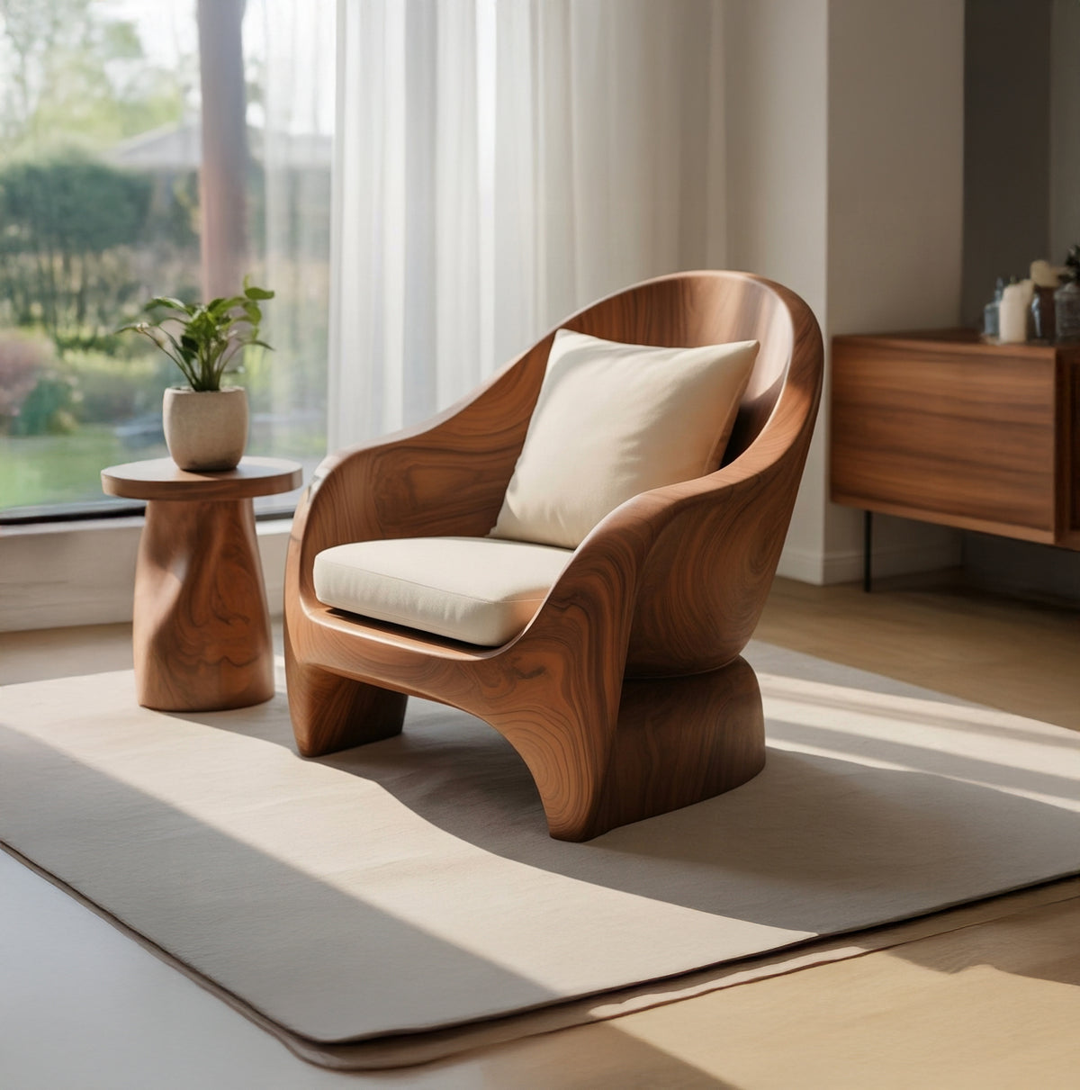 Organic wood lounge chair with artistic open carved frame