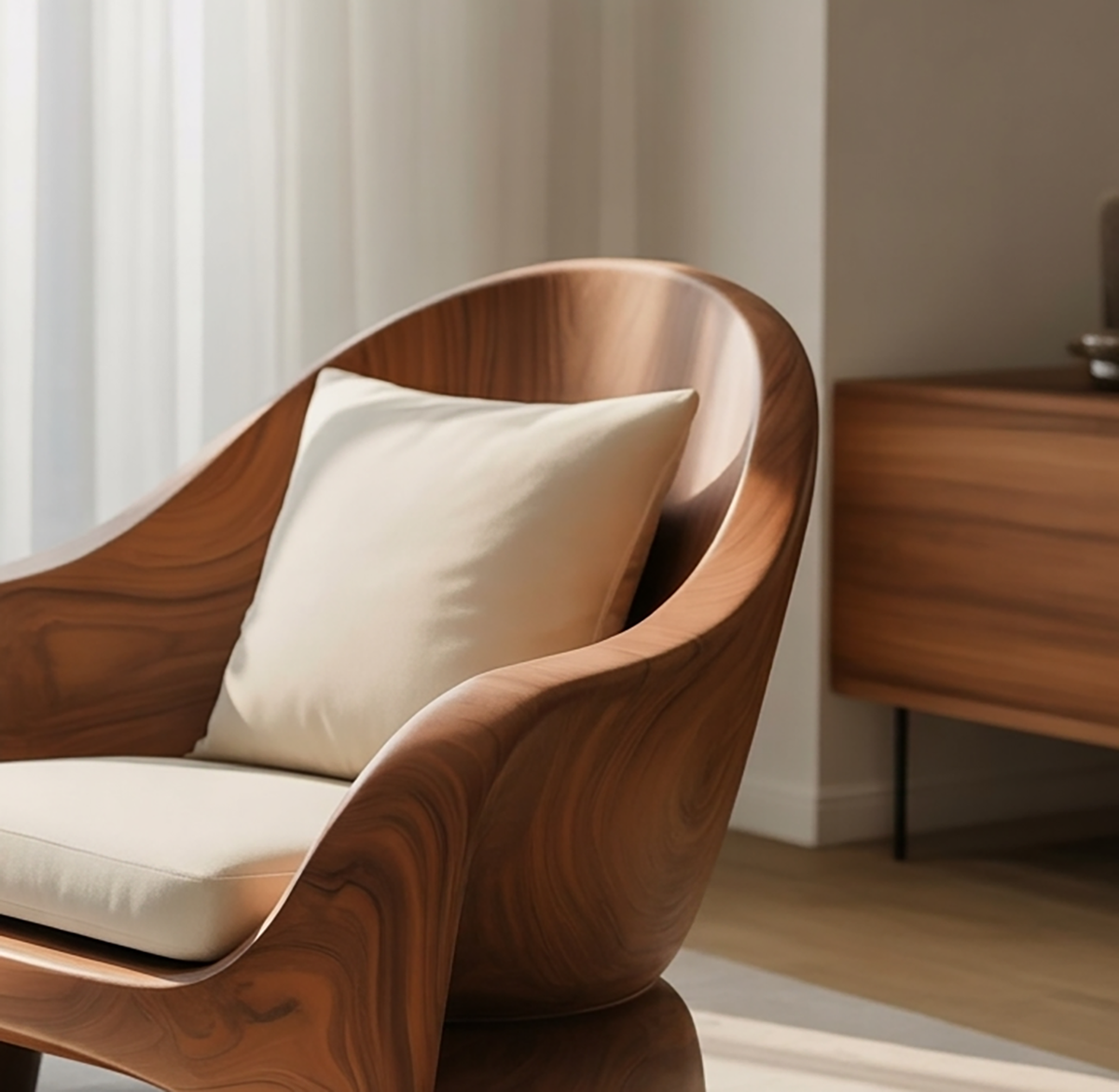 Artistic wood chair with carved open frame design