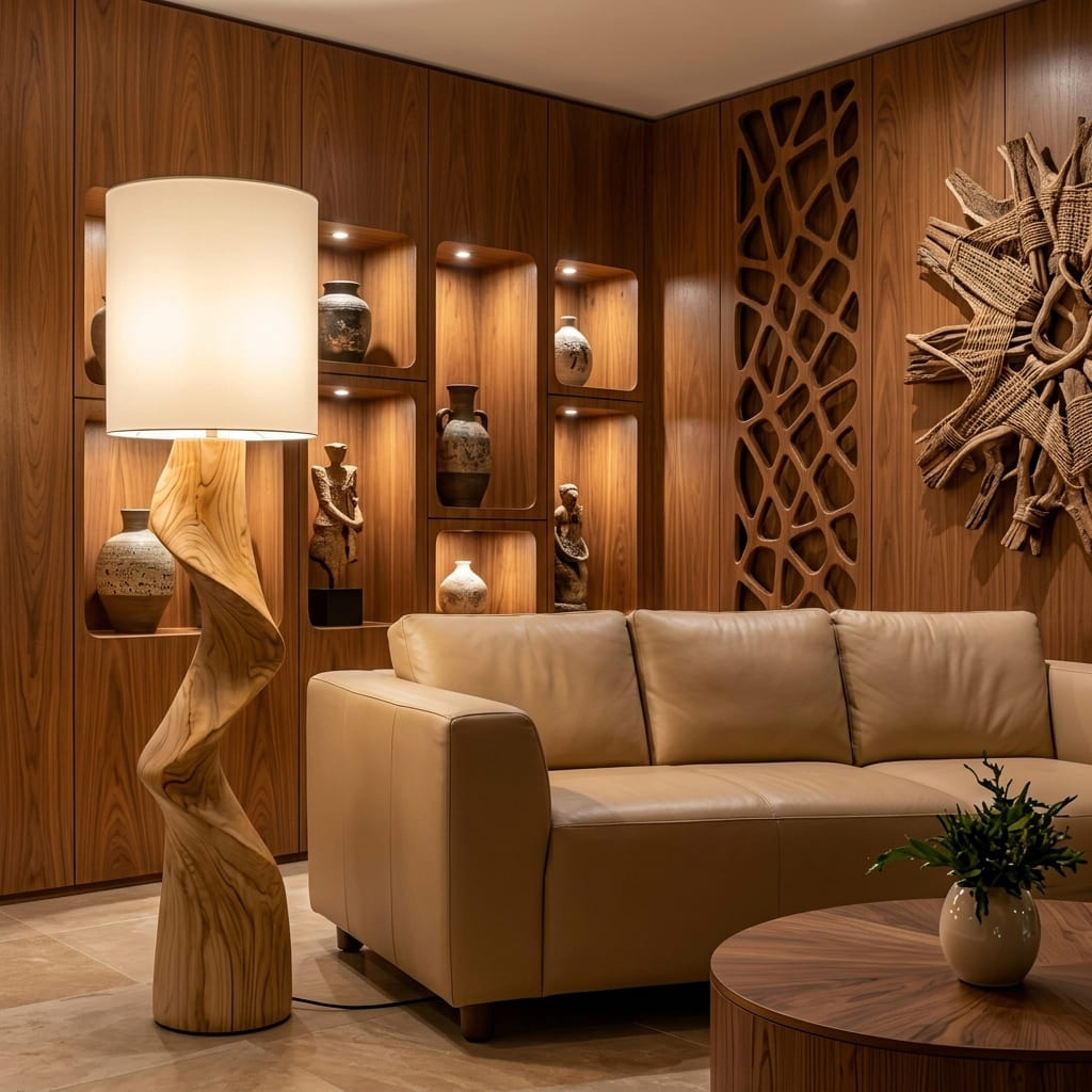 Artistic solid wood floor lamp in a modern living room