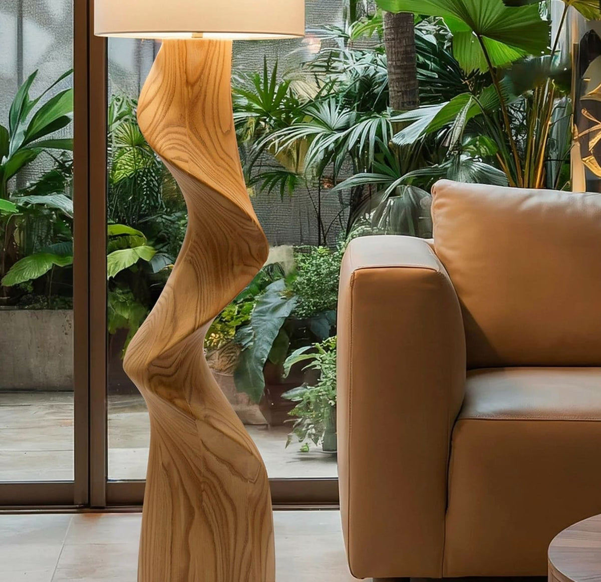 Artistic twisted floor lamp in an elegant minimalist interior