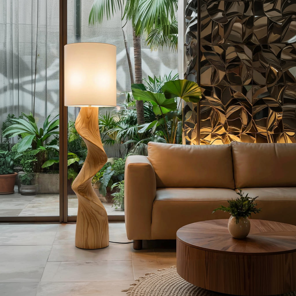 Artistic solid wood floor lamp with a twisted silhouette designed for luxury living spaces
