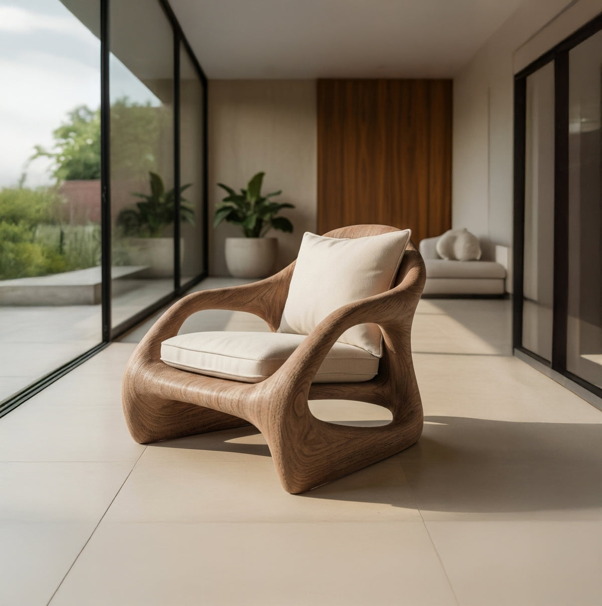 Sculpted wood armchair with artistic lounge seating design