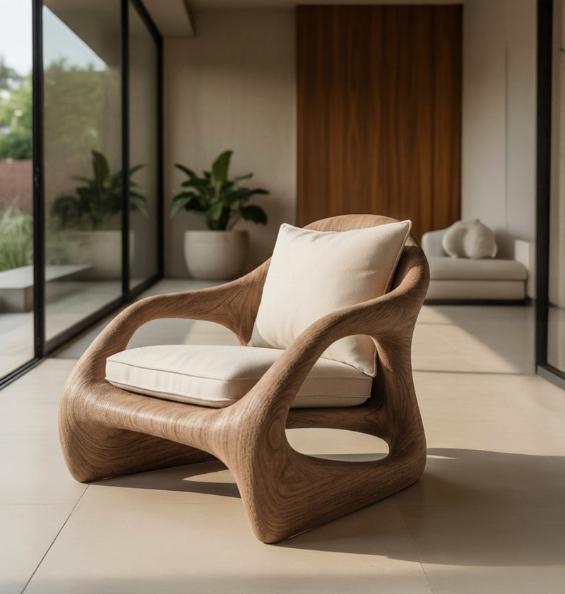 Wooden lounge armchair with handcrafted artistic form
