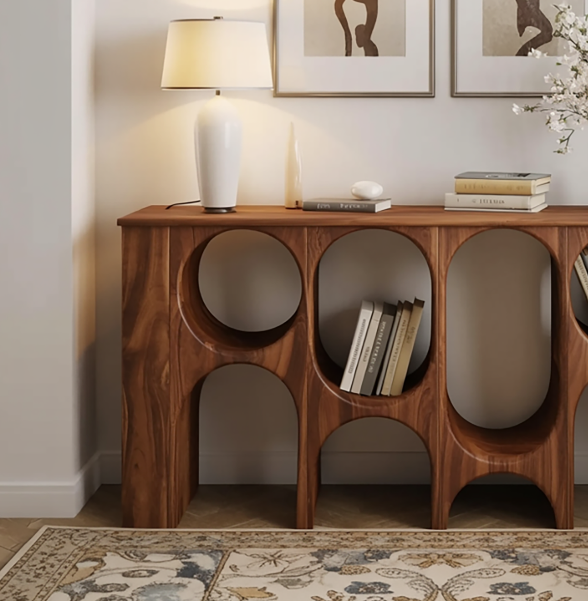 Modern solid wood bookshelf with sculptural arches