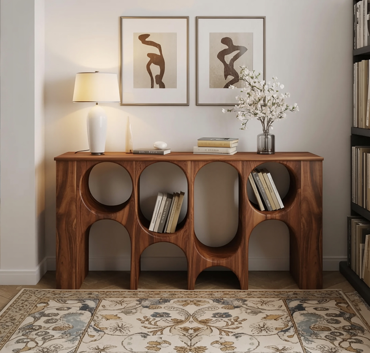 Wooden console shelf for books and decorative display