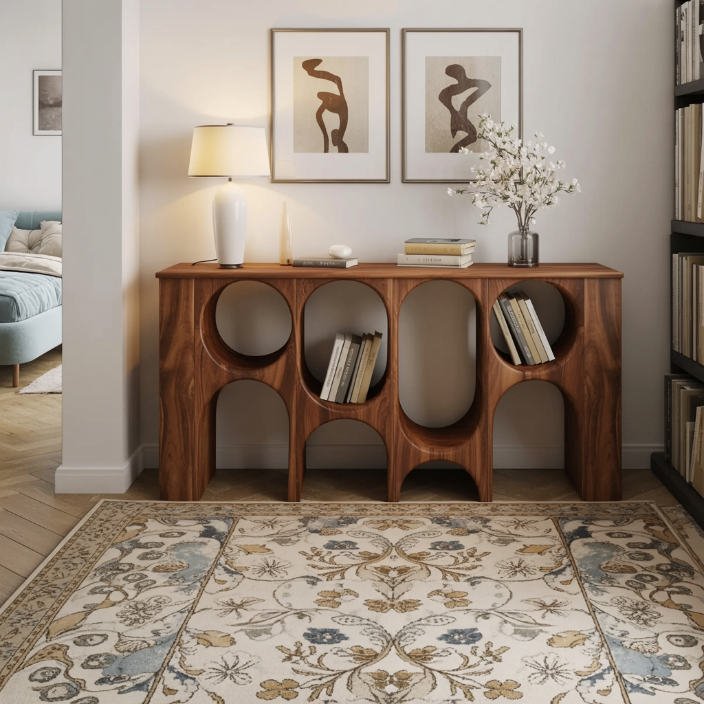 Sculptural wood bookshelf with curved architectural silhouette