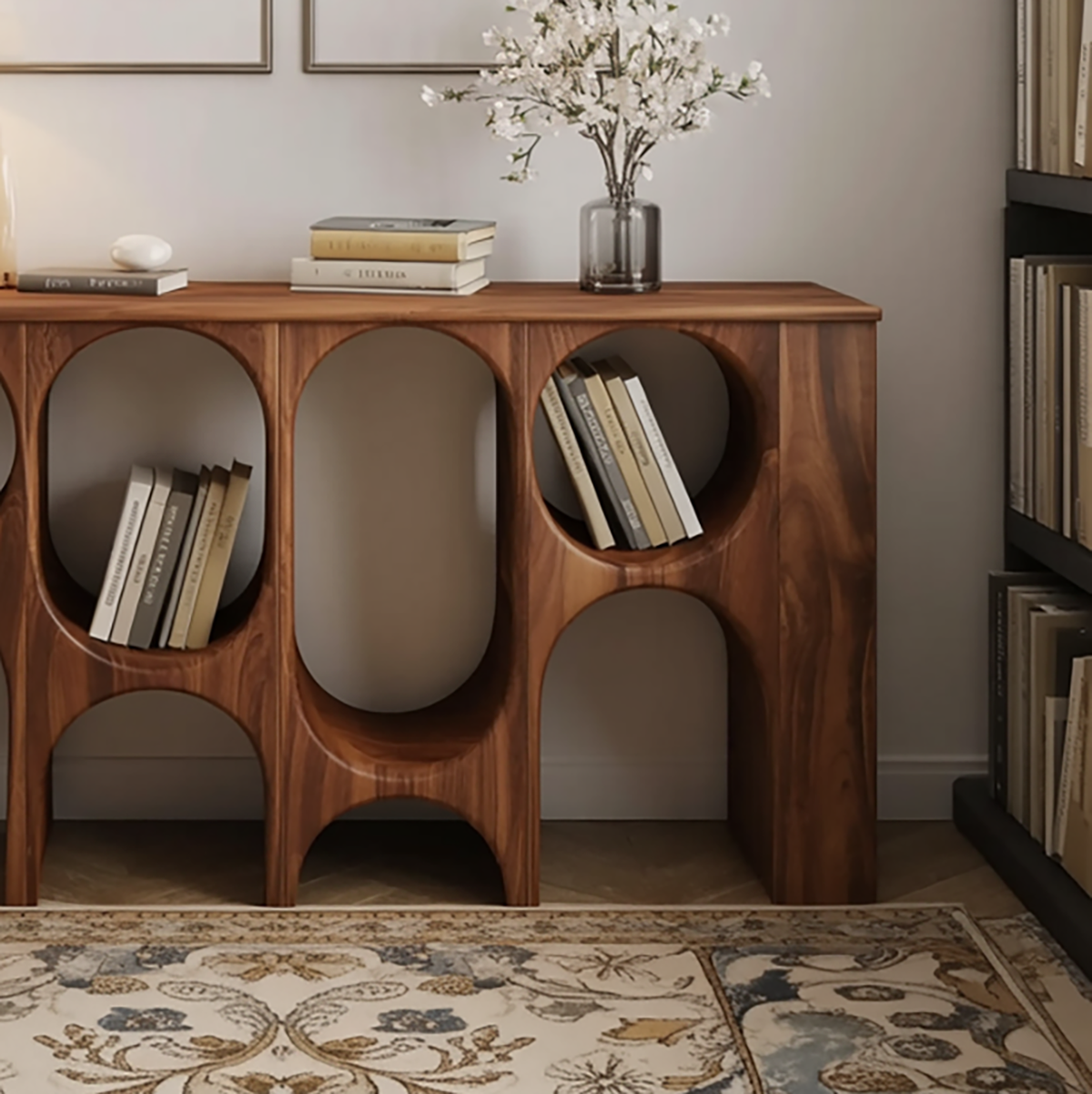 Artistic solid wood console bookshelf with circular arch design
