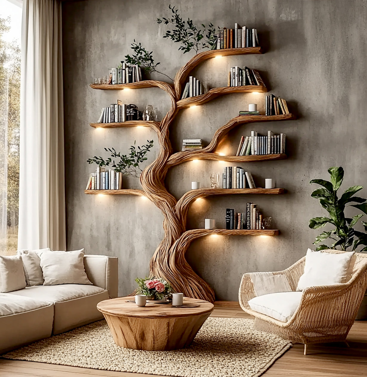 Artistic Solid Wood Tree-Shaped Bookshelf – Organic Wall Sculpture