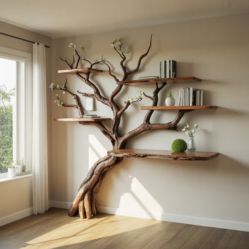 Artistic tree branch bookshelf crafted from premium solid wood for corner spaces