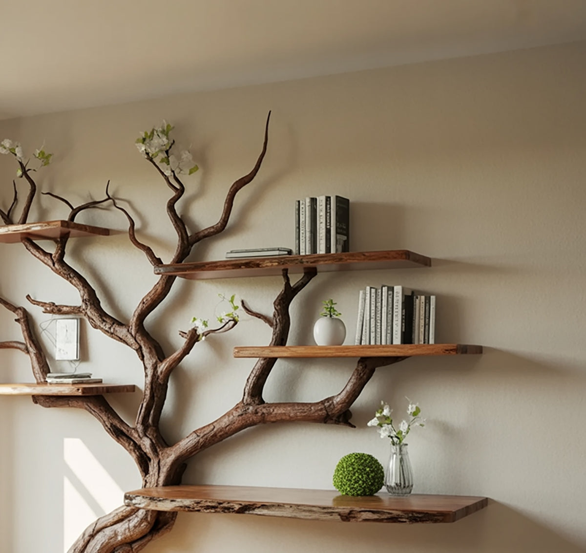 Nature-inspired bookshelf showcasing artistic tree branch craftsmanship and organic elegance