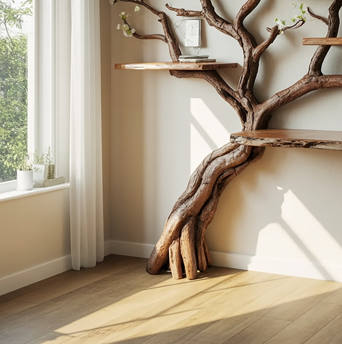 Nature-inspired bookshelf showcasing artistic tree branch craftsmanship and organic elegance
