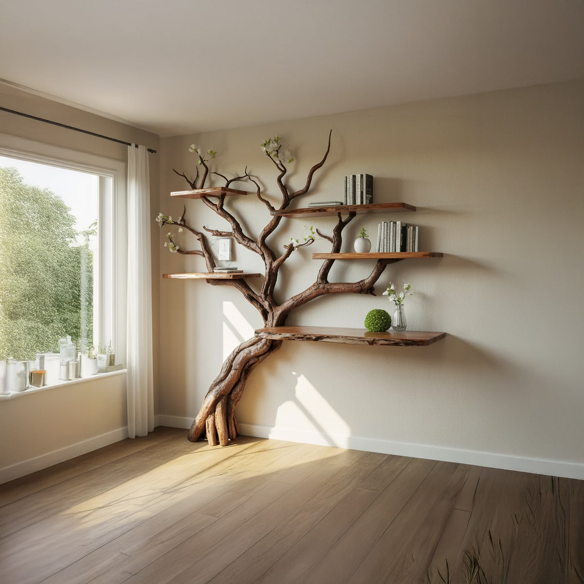 Handcrafted solid wood tree bookshelf displayed in a contemporary living room