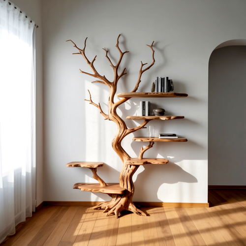 Artistic Tree Branch Floating Bookshelf – Solid Wood Handcrafted Wall Furniture