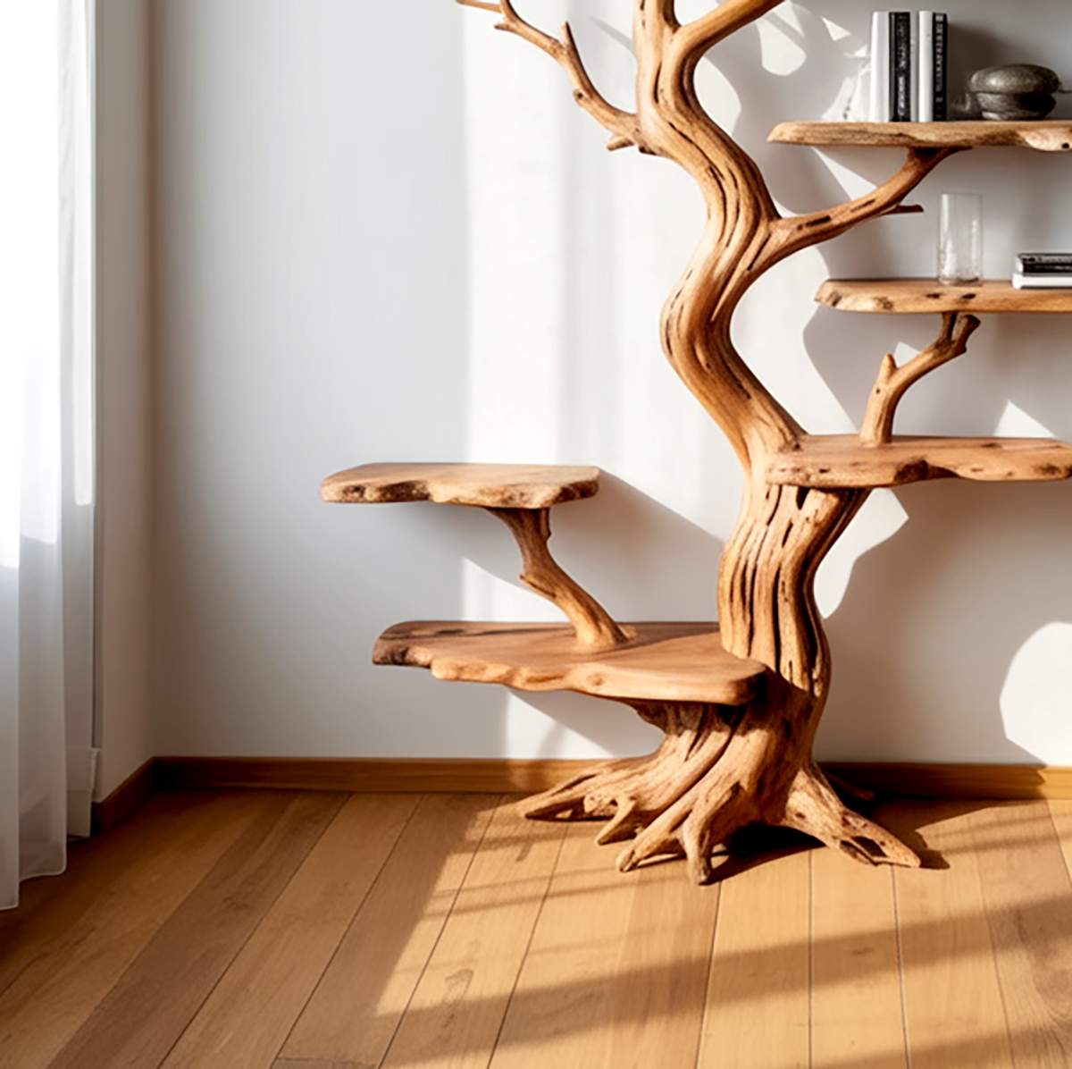 Handcrafted wooden wall bookshelf with branch inspired design