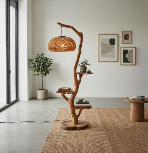 Artistic Wooden Tree Floor Lamp with Shelves – Japandi Modern Floor Lamp