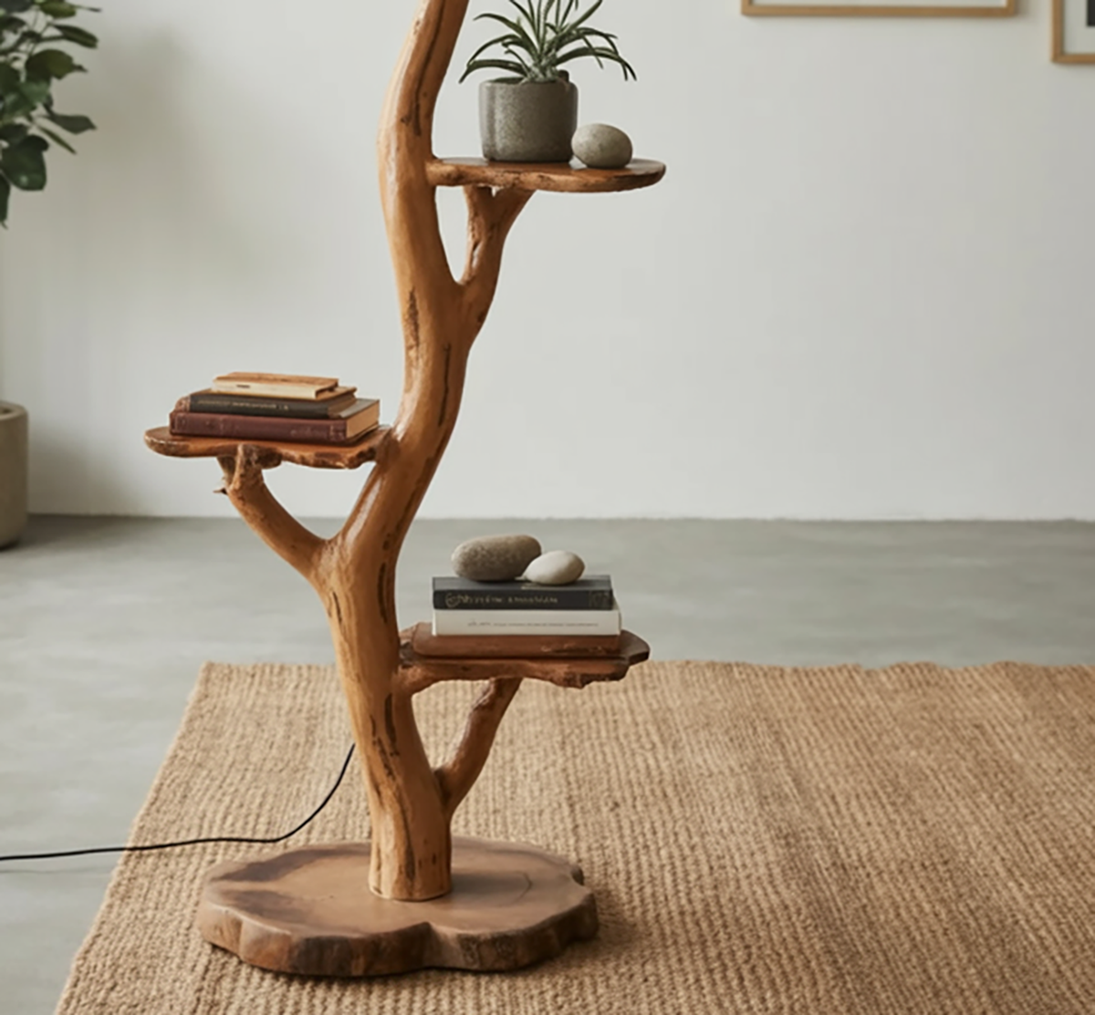Wooden tree lamp with built in display shelves