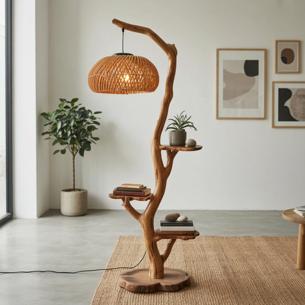 Sculptural wood floor lamp for organic modern interiors
