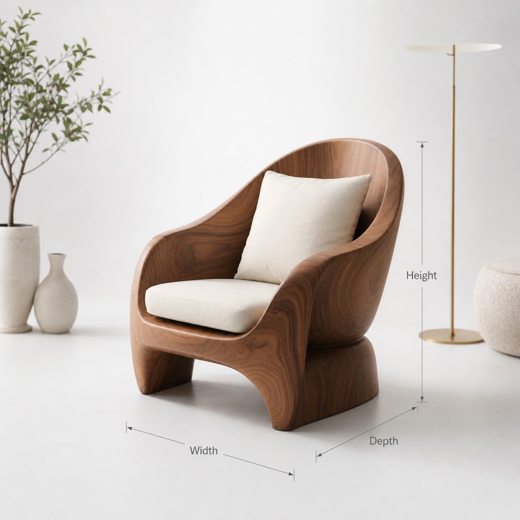 Artistic organic wood lounge seating with open carved frame for living
