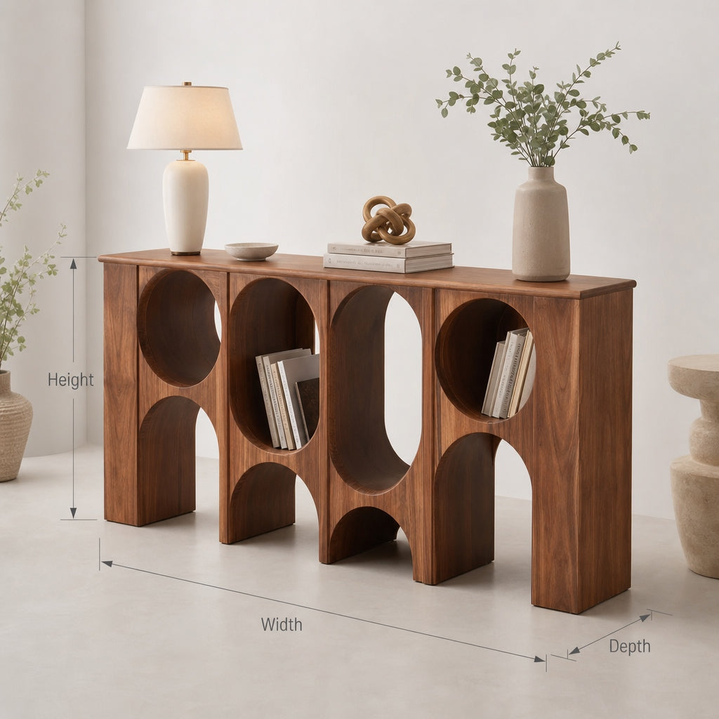 Artistic Solid Wood Console Bookshelf with Sculptural Circular Arches