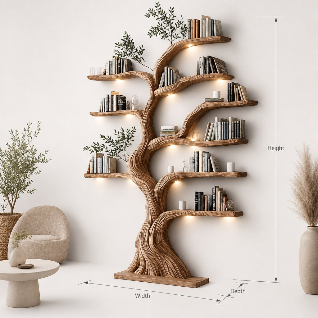 Artistic Solid Wood Tree-Shaped Bookshelf – Organic Wall Sculpture