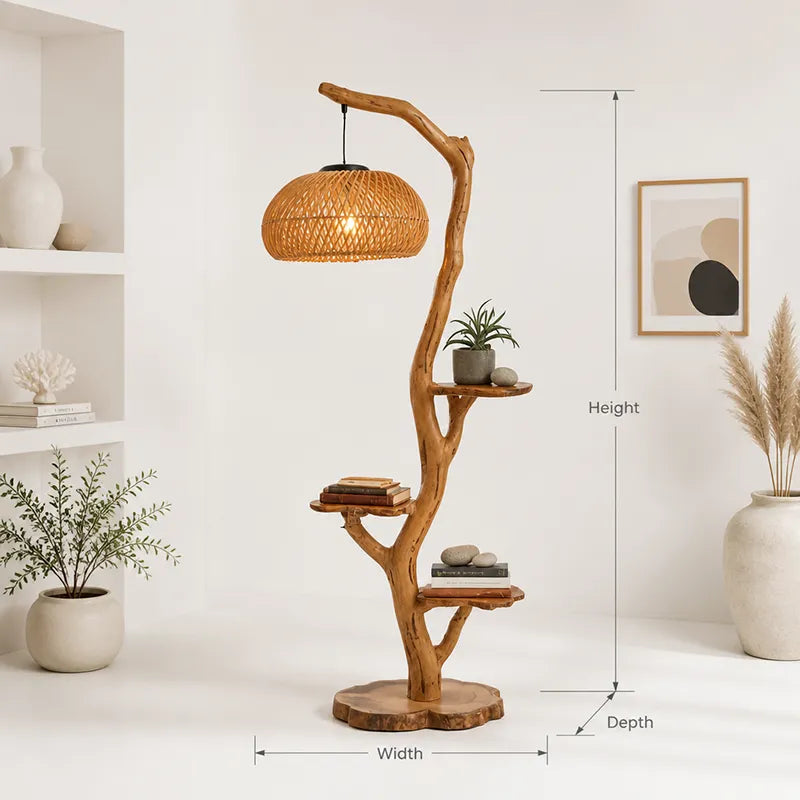 Artistic Wooden Tree Floor Lamp with Shelves – Japandi Modern Floor Lamp
