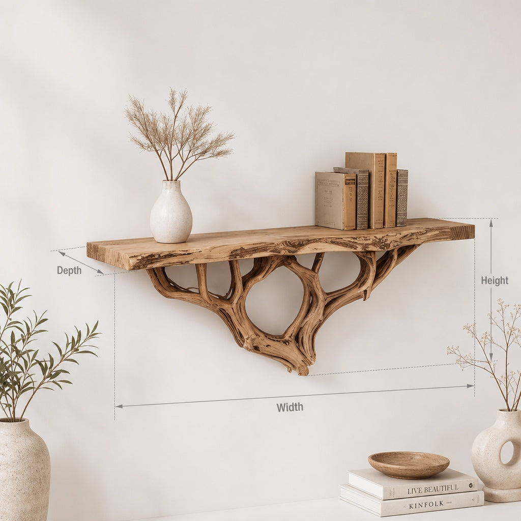 Floating tree bookshelf showcasing natural driftwood branch wall art in a room