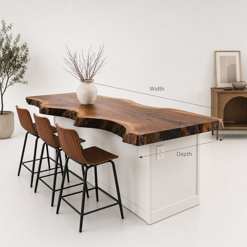 Handcrafted live edge solid wood kitchen island countertop slab display