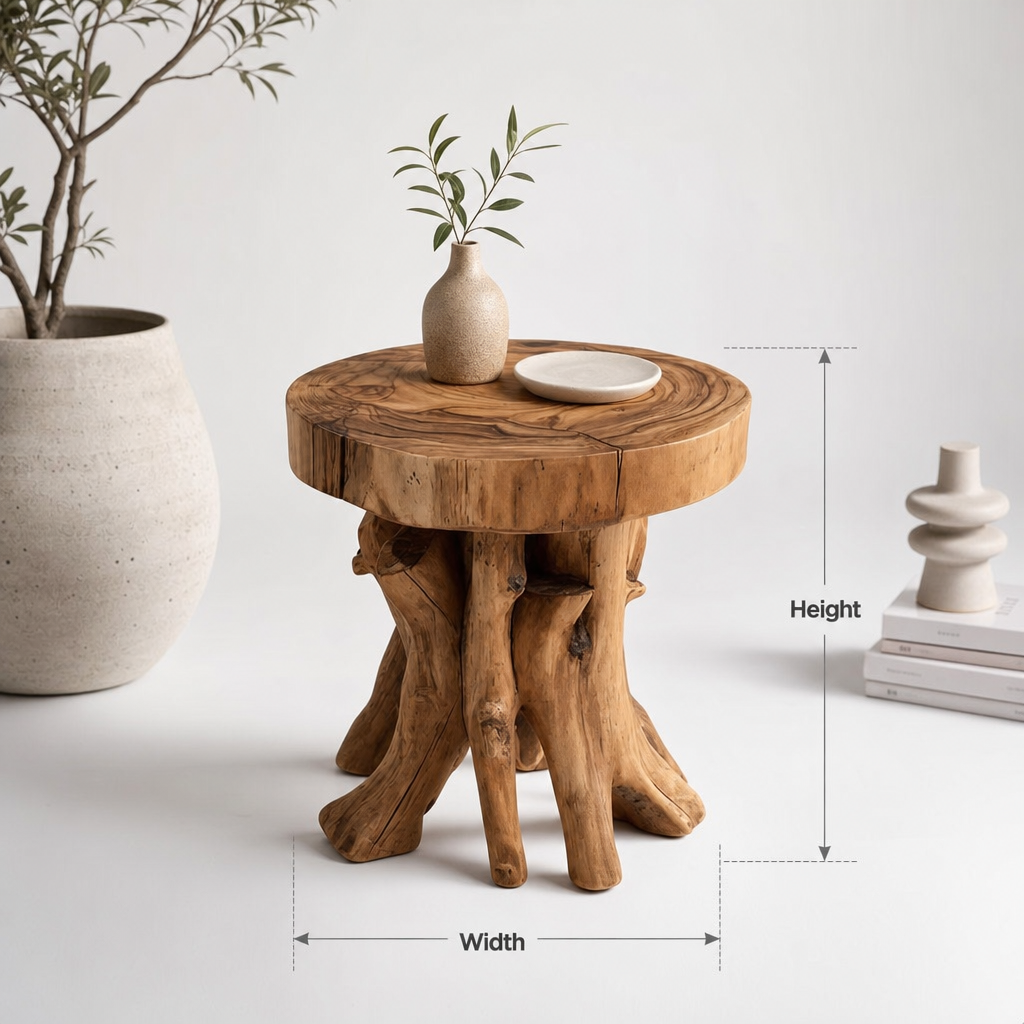 Ashdeco Round End Table – Solid Wood with Tree Trunk Base
