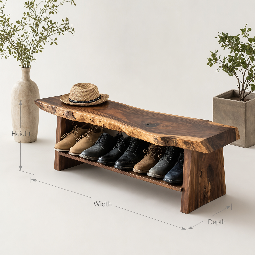 Live edge solid wood entryway shoe bench with functional lower storage shelf