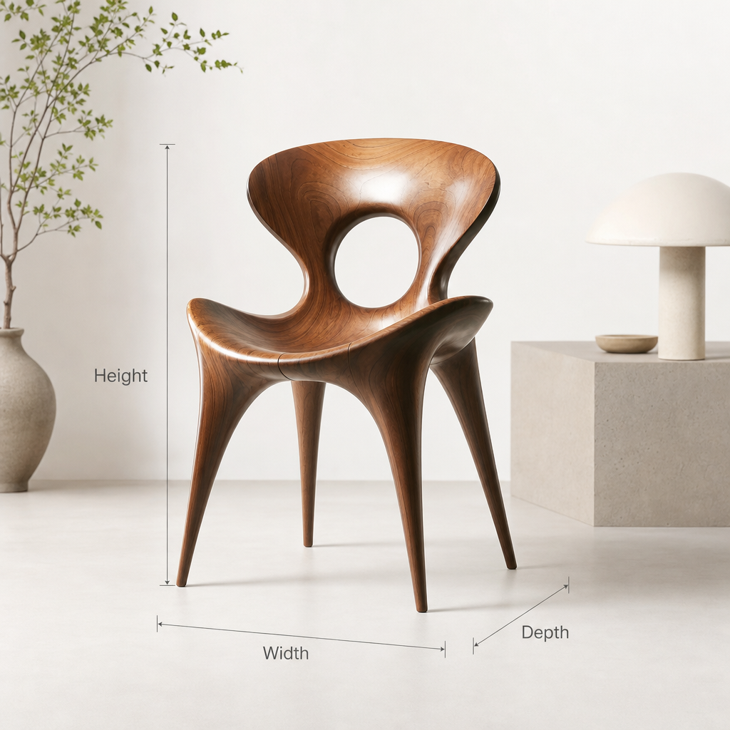 Handcrafted solid wood chair showcasing an artistic sculptural design for dining