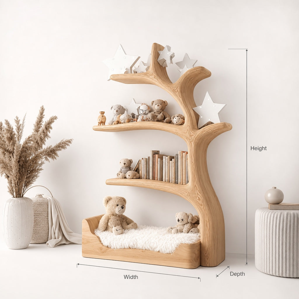 Nursery tree bookshelf with integrated cozy bed base, star lamps, and books