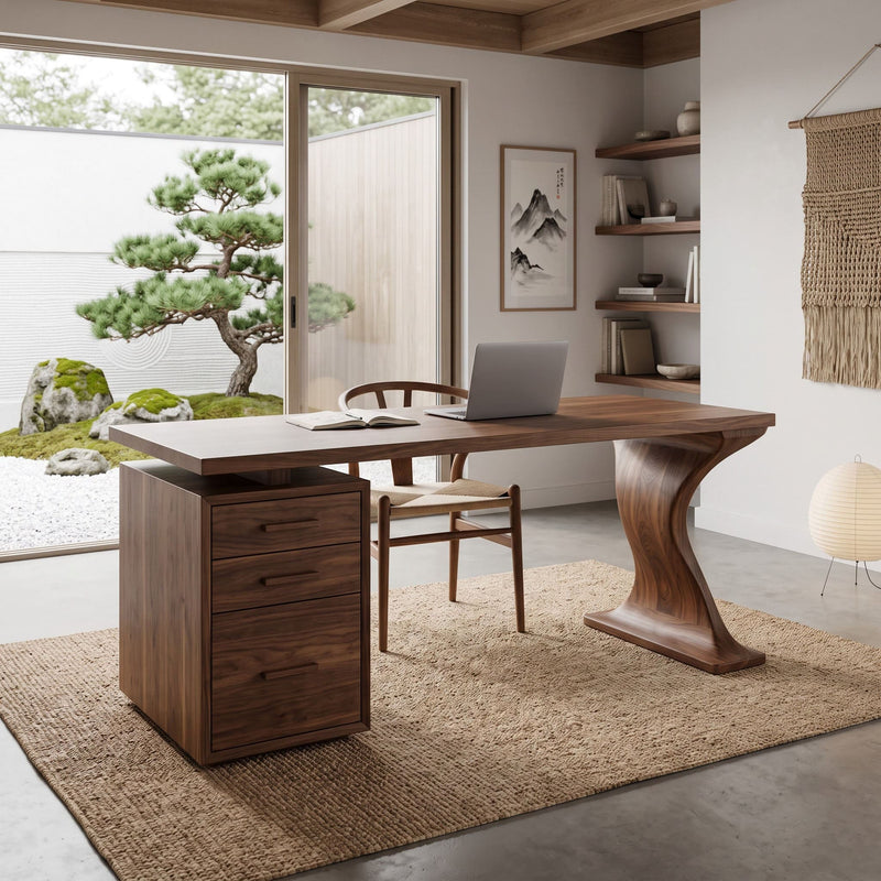 Asymmetrical executive study desk in solid wood