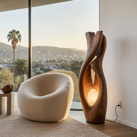 Authentic hand-carved abstract floor lamp in solid wood