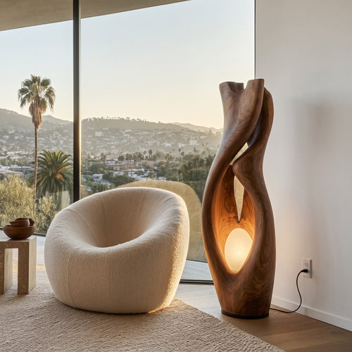 Authentic Hand-Carved Solid Wood Abstract Floor Lamp - Sculptural Biomorphic Accent Light