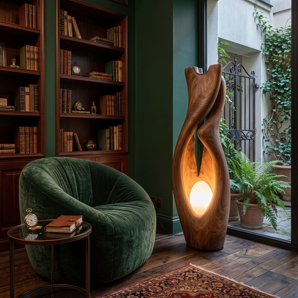 Hand-carved solid wood floor lamp showcased as a sculptural accent light