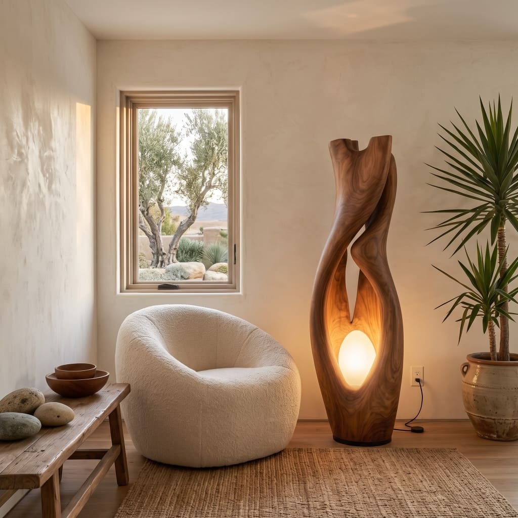 Artistic solid wood biomorphic lamp enhancing a contemporary home interior