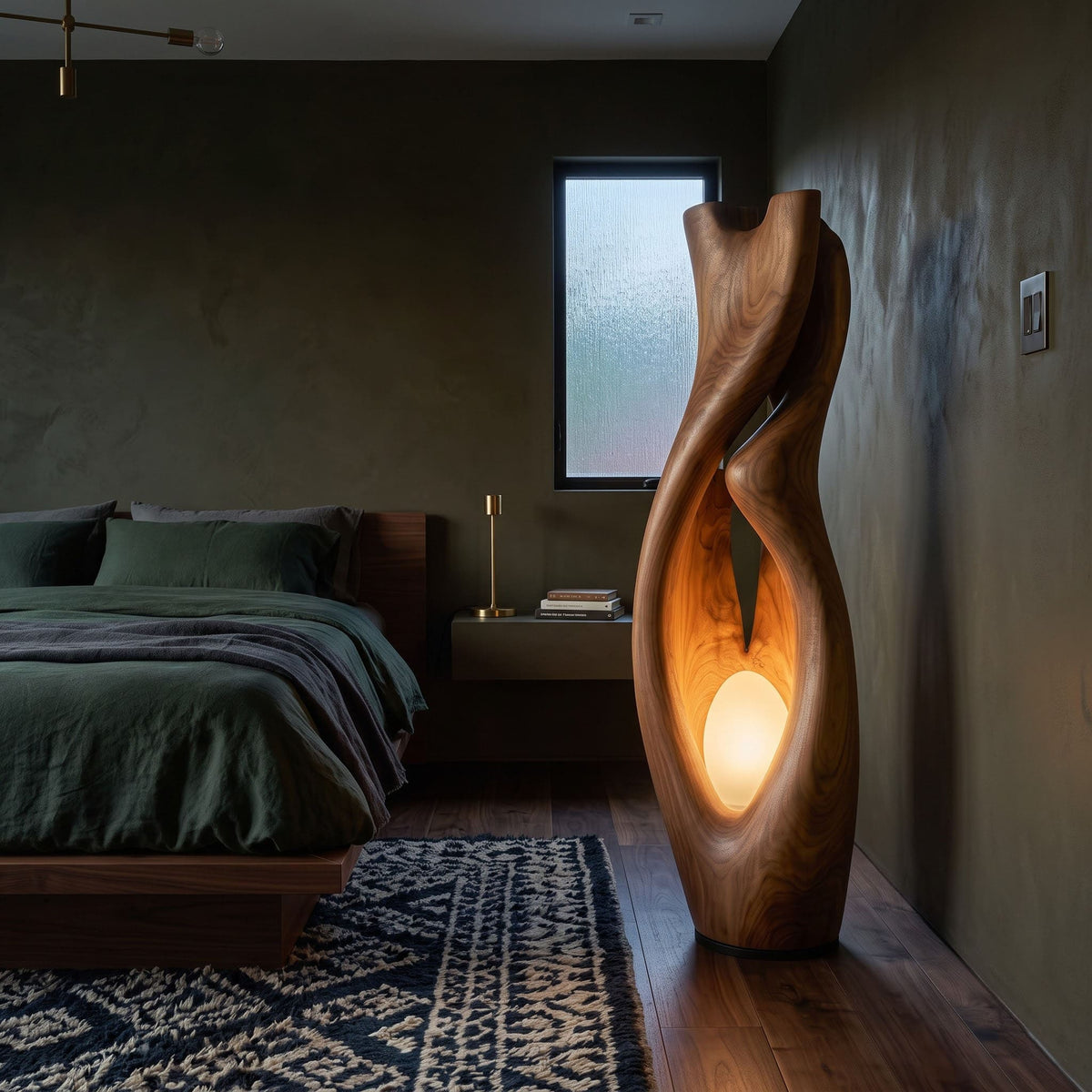 Organic solid wood abstract floor lamp displayed in a minimalist bedroom