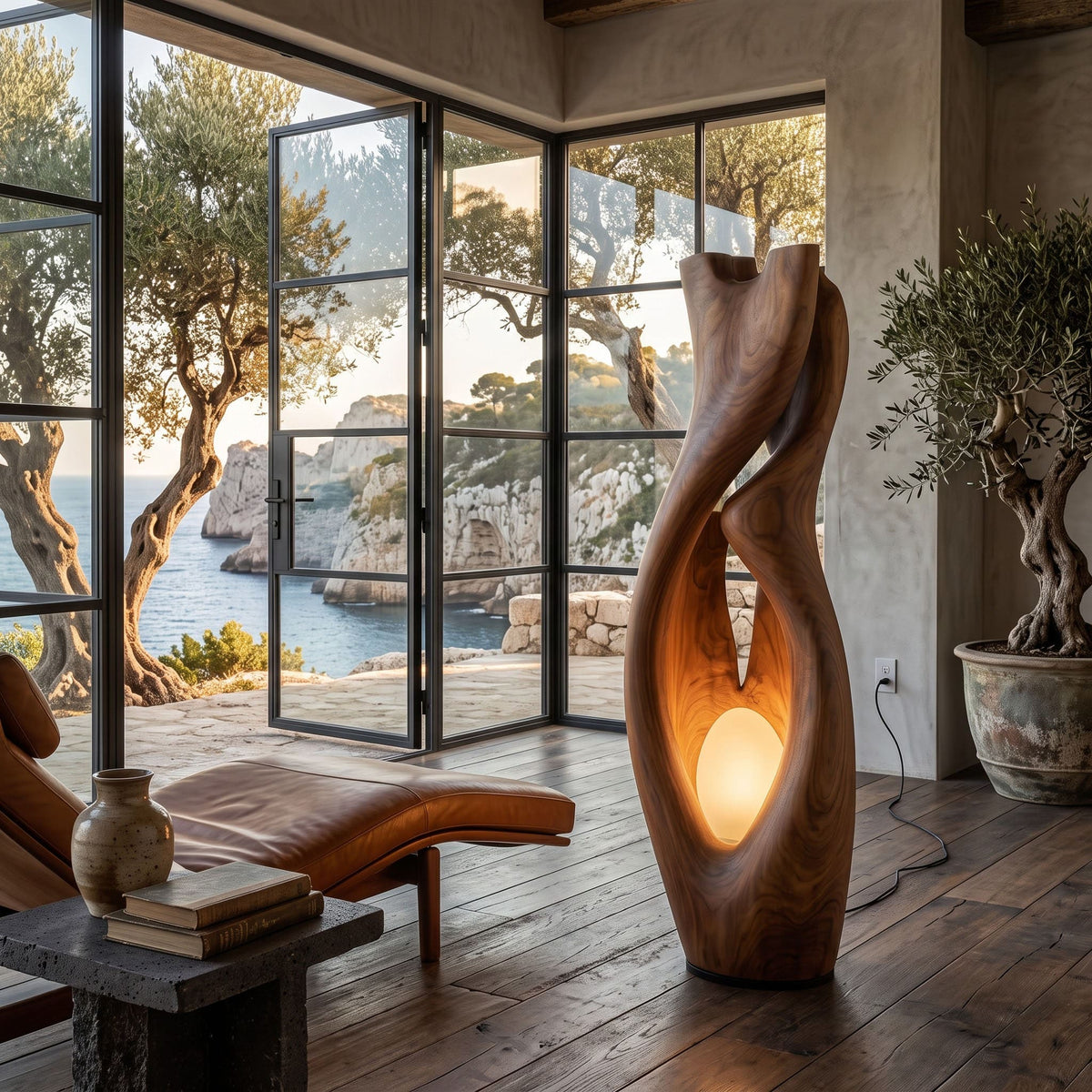 Authentic hand-carved solid wood abstract floor lamp in a contemporary living room