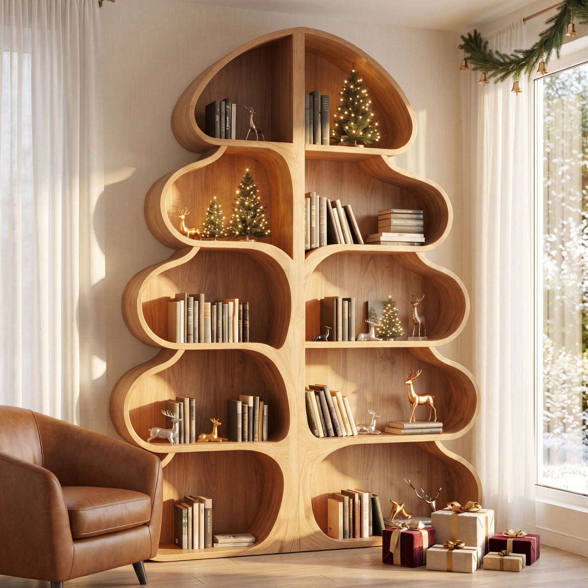 Authentic hand-carved Christmas tree bookshelf in solid wood