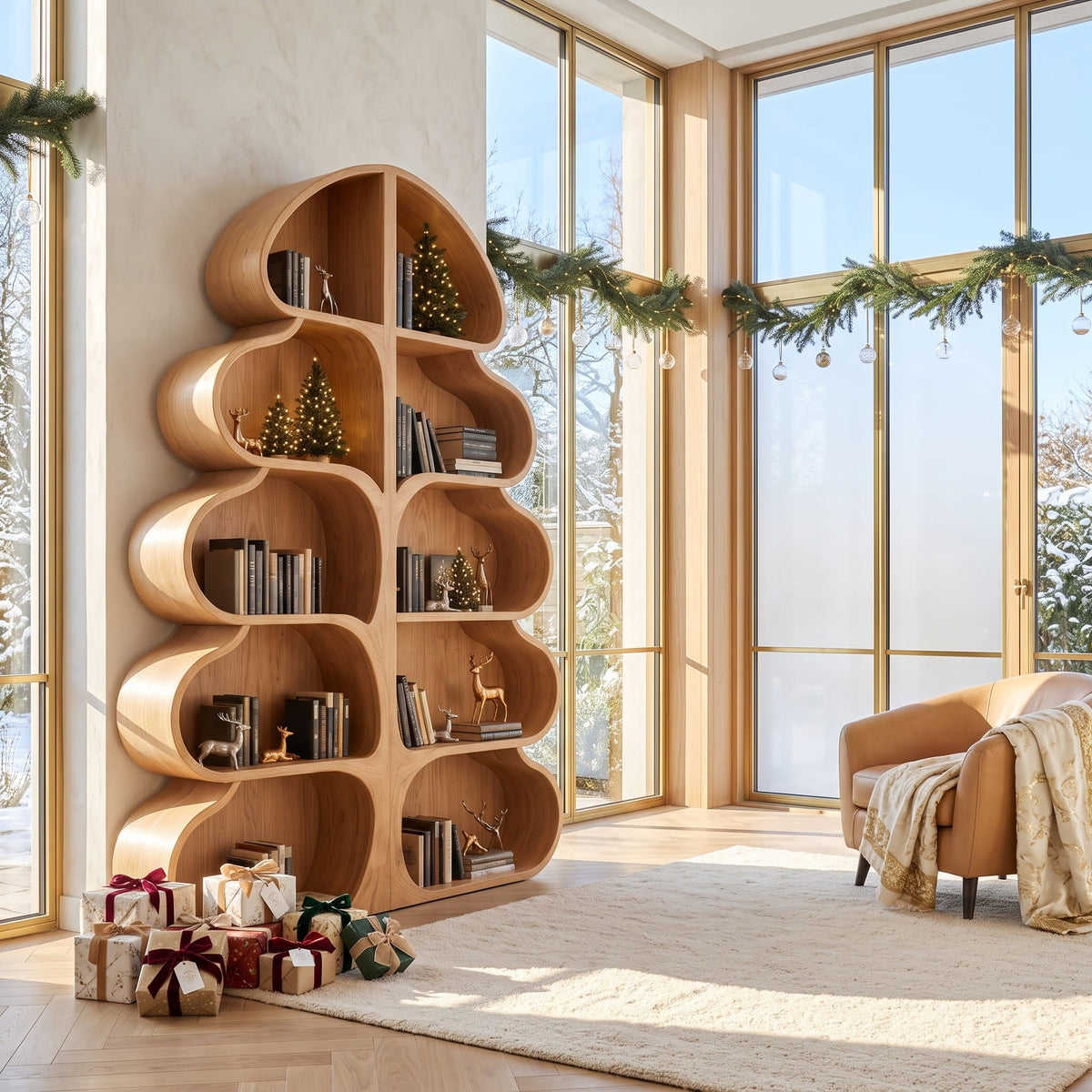Sculptural natural wood holiday display bookcase for an elegant fireplace reading corner