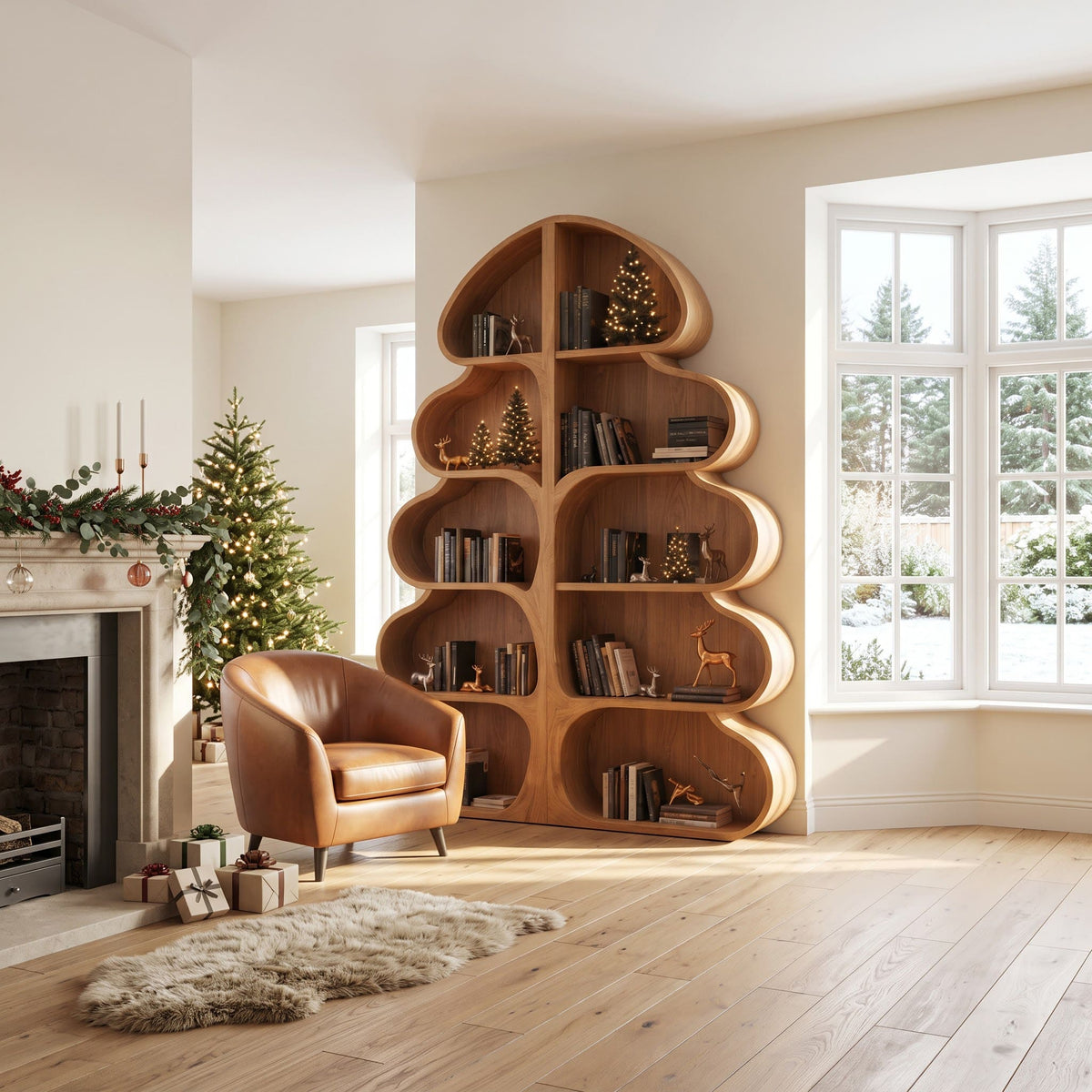 Contemporary solid wood Christmas tree shelf unit placed in a warm family gathering space