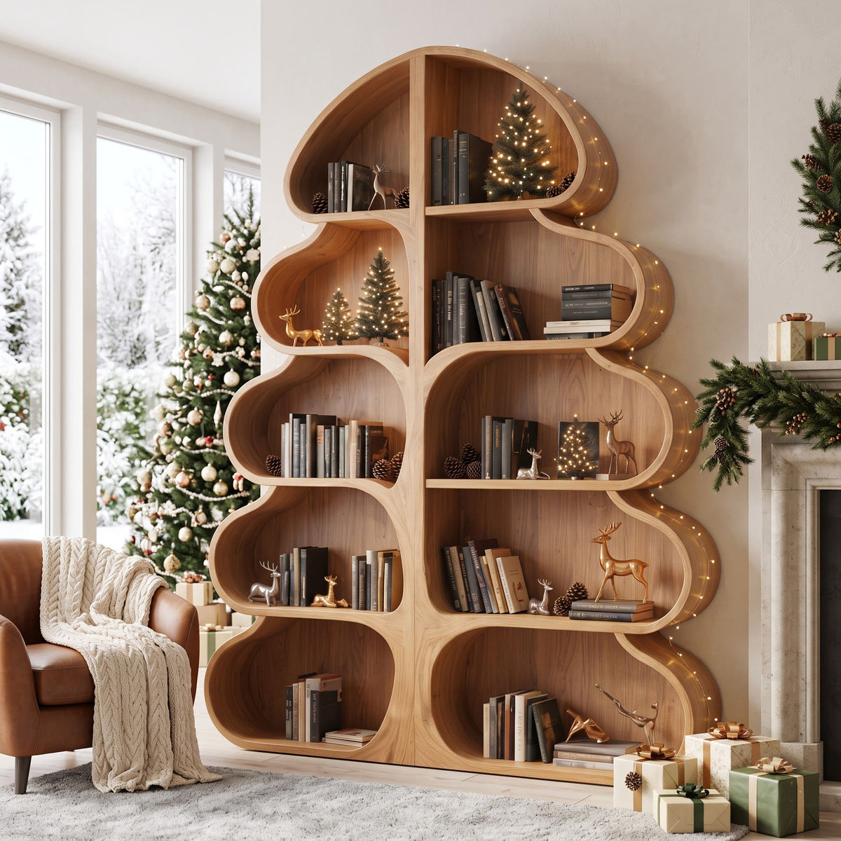 Sculptural natural wood holiday display bookcase for an elegant fireplace reading corner
