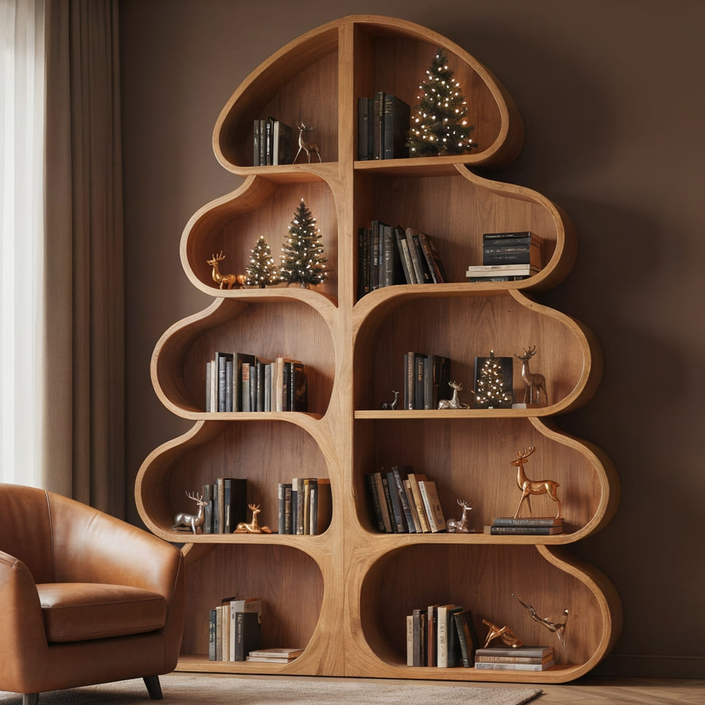 Artisanal solid timber festive display tree bookshelf elevating a charming reading nook