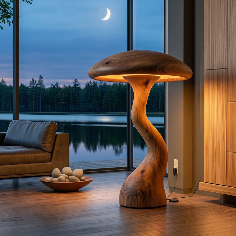Authentic hand-carved mushroom floor lamp in solid wood