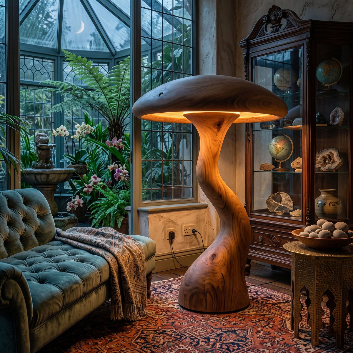 Artistic solid wood mushroom lamp enhancing a contemporary home interior