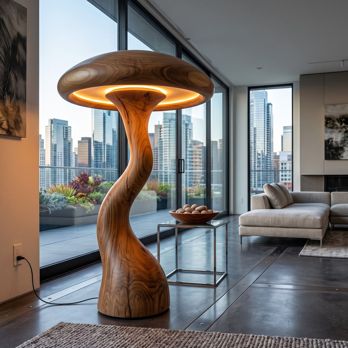Authentic hand-carved solid wood mushroom floor lamp in a contemporary living room