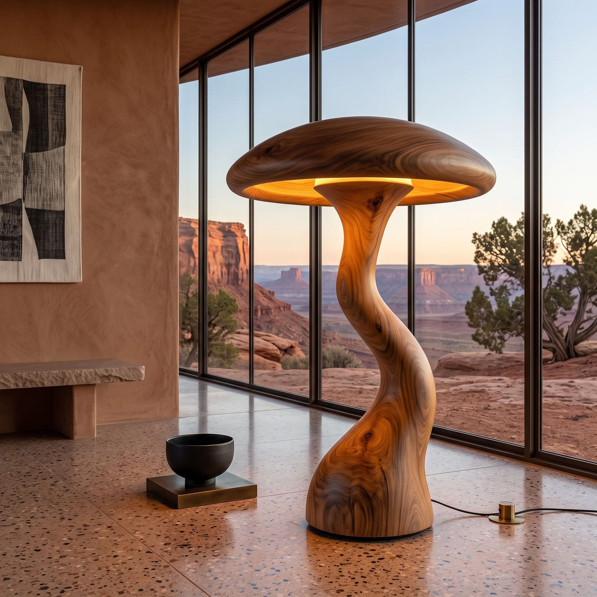 Organic solid wood mushroom floor lamp displayed in a minimalist living space