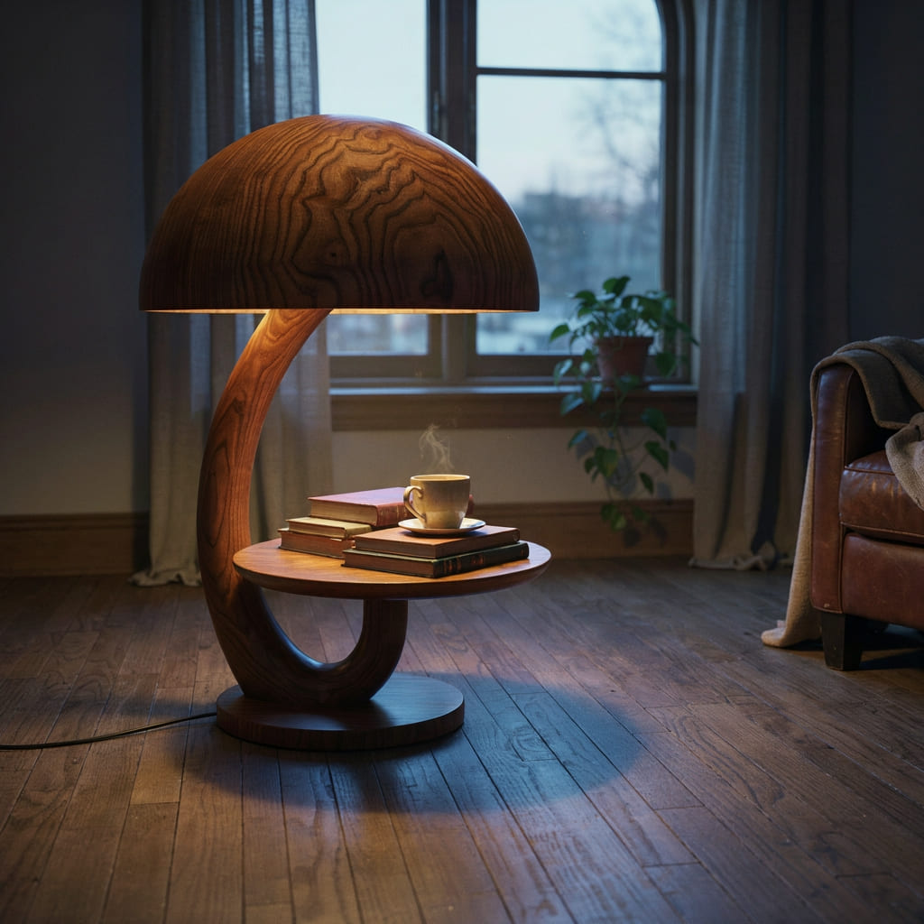Authentic hand-carved mushroom lamp side table in solid wood